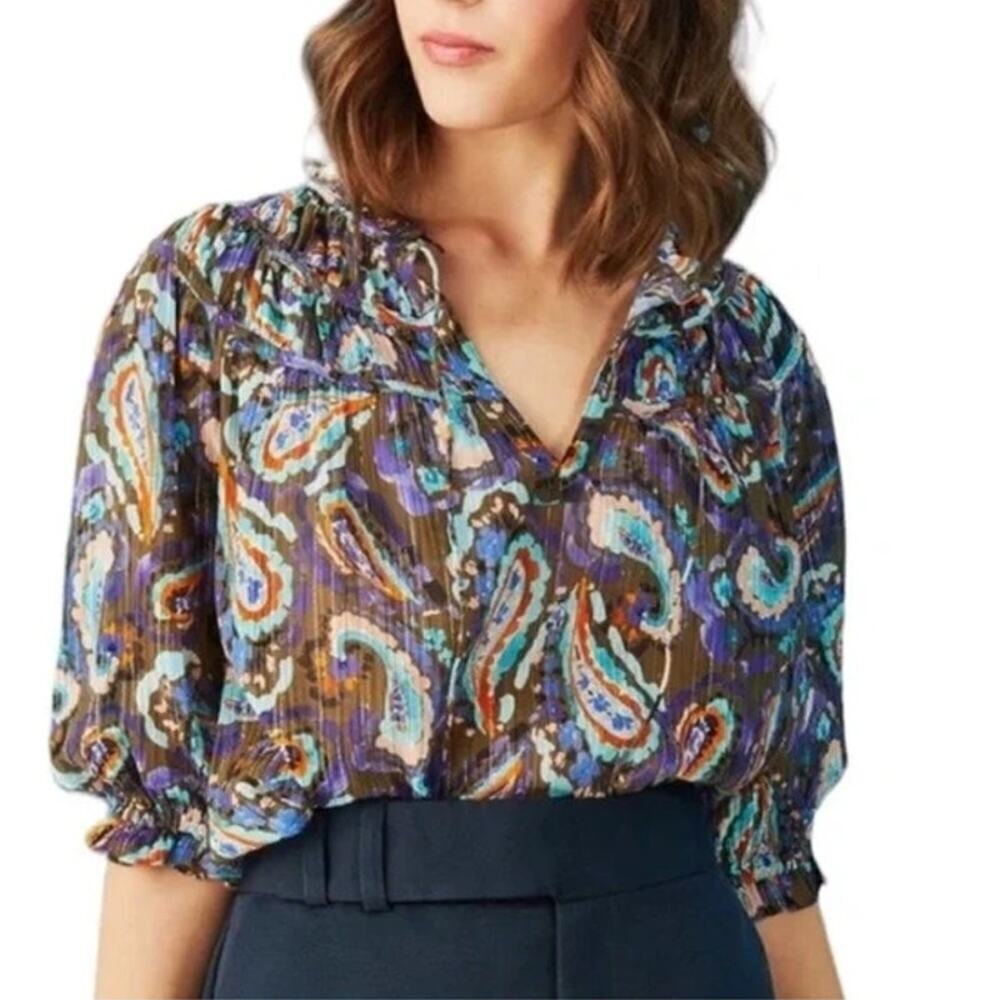 Marie Oliver Paisley Floral Puff Sleeve Ruffle Tie Neck Blouse Multi Women's L